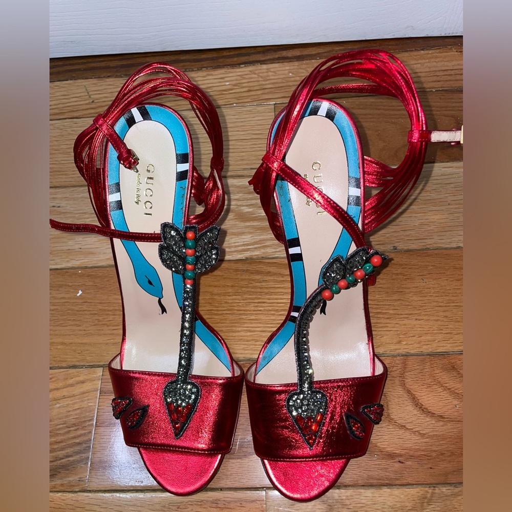 Gucci Red Leather Strappy Allie Knot Ankle Strap Slingback Sandals - Picture 7 of 7
